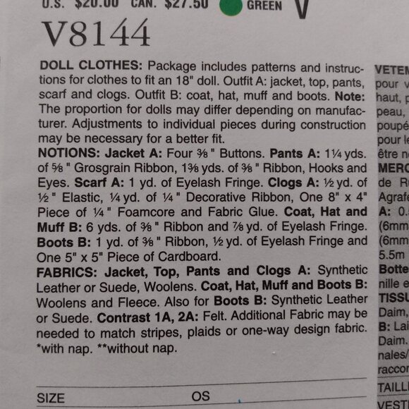 18" Doll Clothes Coat Jacket Pants Shoes Boots Sewing Pattern UNCUT 8144 - Picture 5 of 8